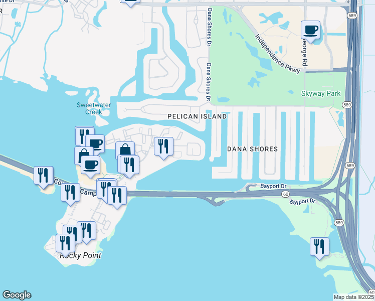 map of restaurants, bars, coffee shops, grocery stores, and more near Trysail Circle in Tampa
