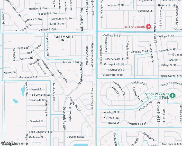 map of restaurants, bars, coffee shops, grocery stores, and more near 1170 Hammacher Avenue Southwest in Palm Bay