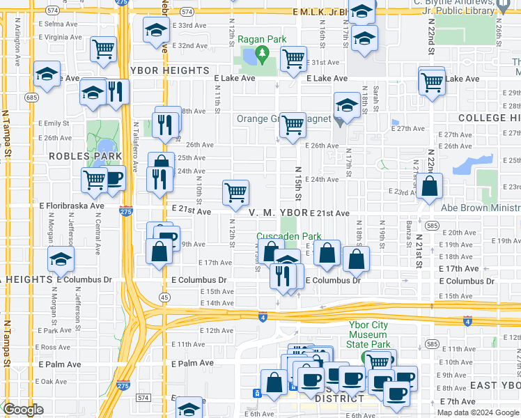 map of restaurants, bars, coffee shops, grocery stores, and more near 3008 North 13th Street in Tampa