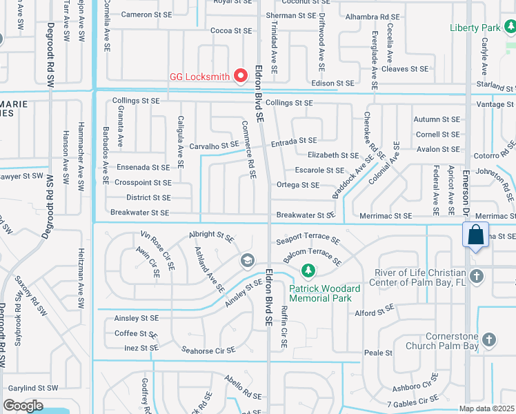 map of restaurants, bars, coffee shops, grocery stores, and more near 1141 Commerce Road Southeast in Palm Bay