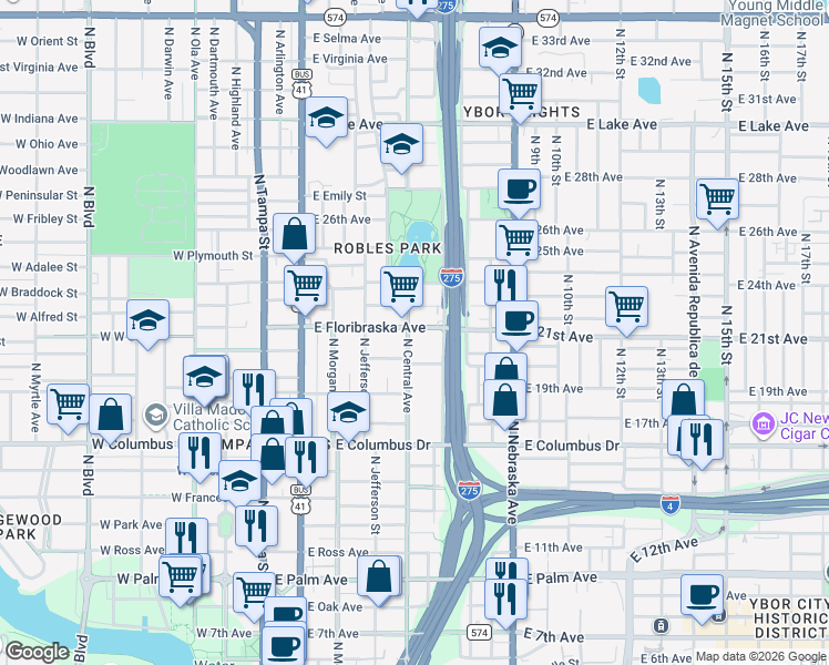 map of restaurants, bars, coffee shops, grocery stores, and more near 501 East Floribraska Avenue in Tampa