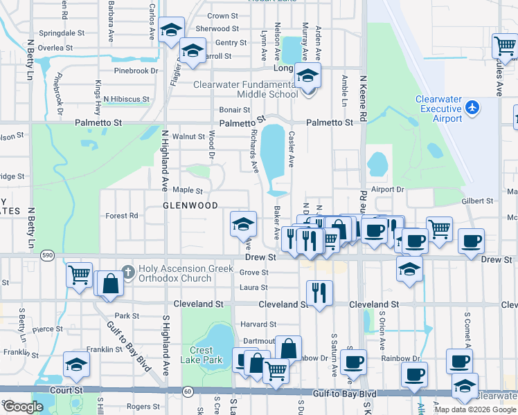 map of restaurants, bars, coffee shops, grocery stores, and more near 412 Richards Avenue in Clearwater