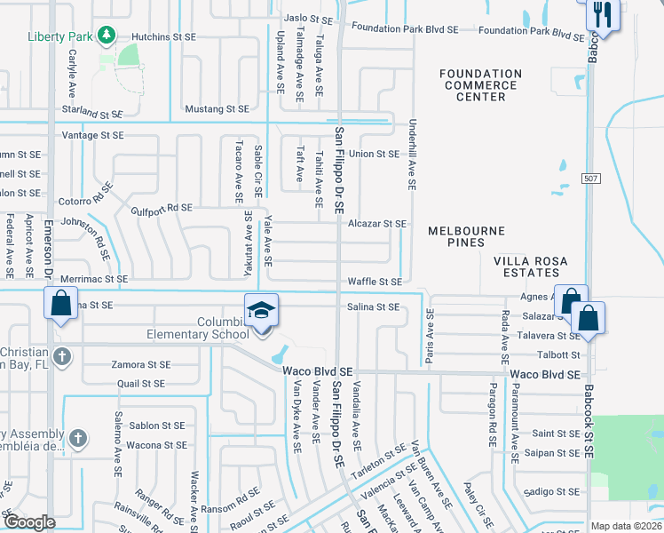 map of restaurants, bars, coffee shops, grocery stores, and more near 1287 Waffle Street Southeast in Palm Bay