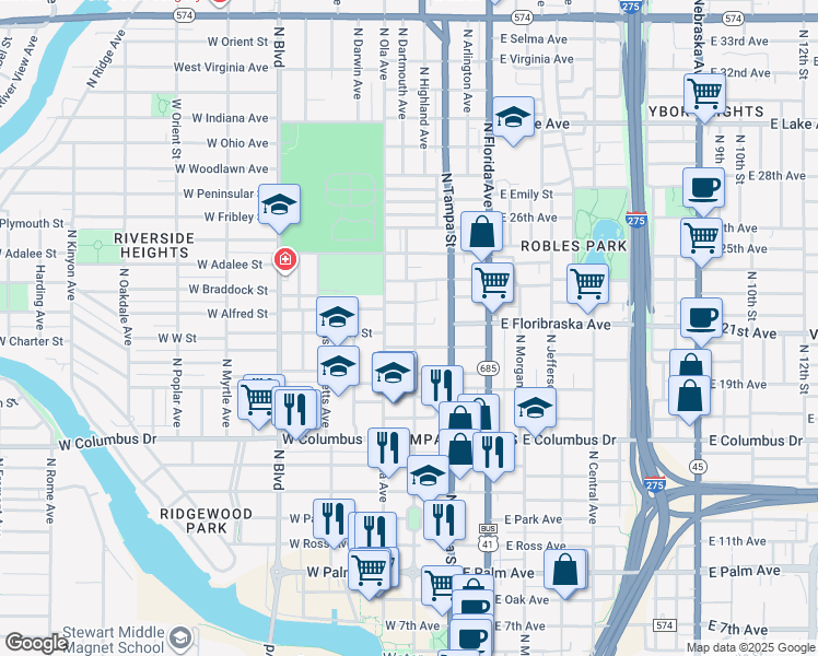 map of restaurants, bars, coffee shops, grocery stores, and more near 2912 North Highland Avenue in Tampa