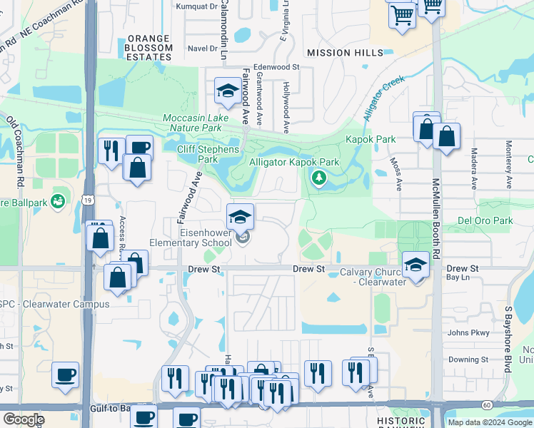 map of restaurants, bars, coffee shops, grocery stores, and more near 2948 Drew Street in Clearwater