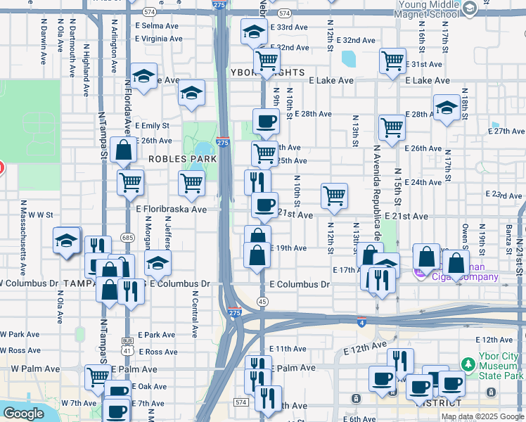 map of restaurants, bars, coffee shops, grocery stores, and more near E Floribraska Ave & N Nebraska Ave in Tampa