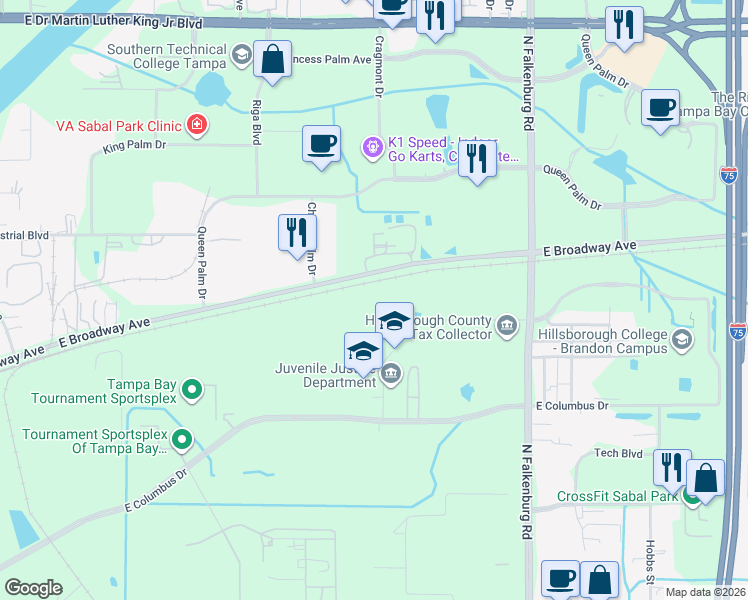 map of restaurants, bars, coffee shops, grocery stores, and more near 574 North Falkenburg Road in Tampa