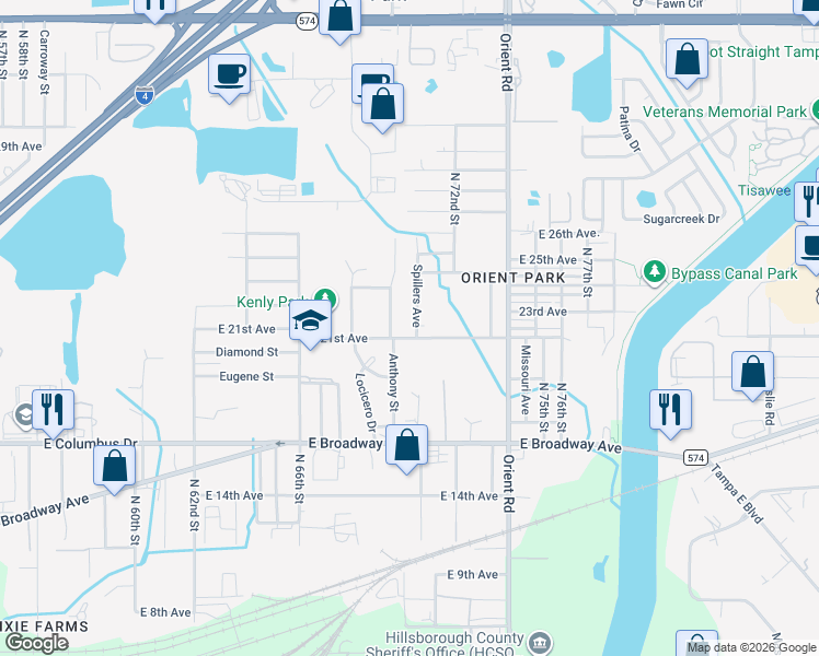 map of restaurants, bars, coffee shops, grocery stores, and more near 6926 East 21st Avenue in Tampa