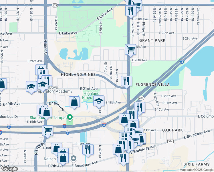 map of restaurants, bars, coffee shops, grocery stores, and more near 4701B East 21st Avenue in Tampa