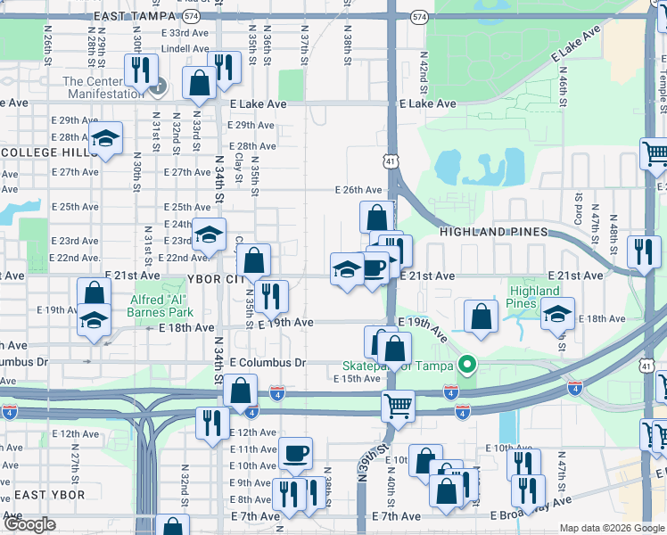 map of restaurants, bars, coffee shops, grocery stores, and more near 3702 East 21st Avenue in Tampa