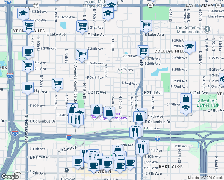 map of restaurants, bars, coffee shops, grocery stores, and more near 1806 East 21st Avenue in Tampa