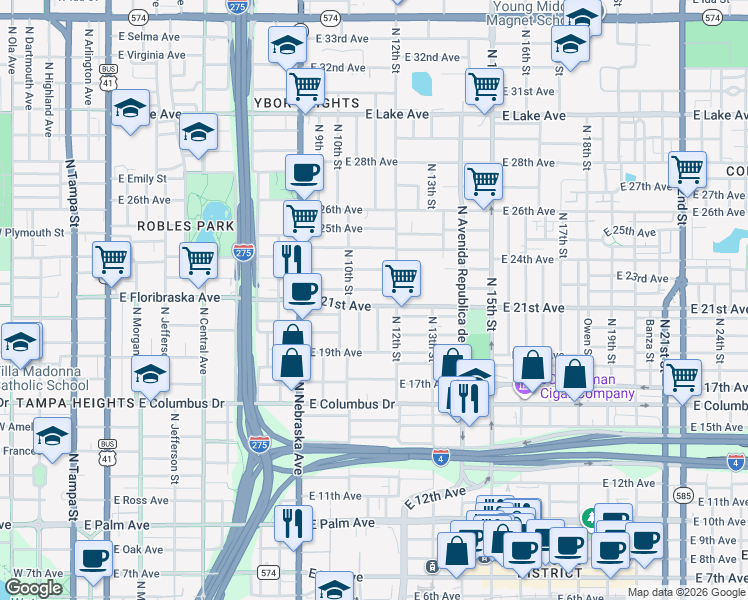 map of restaurants, bars, coffee shops, grocery stores, and more near 2923 North 11th Street in Tampa