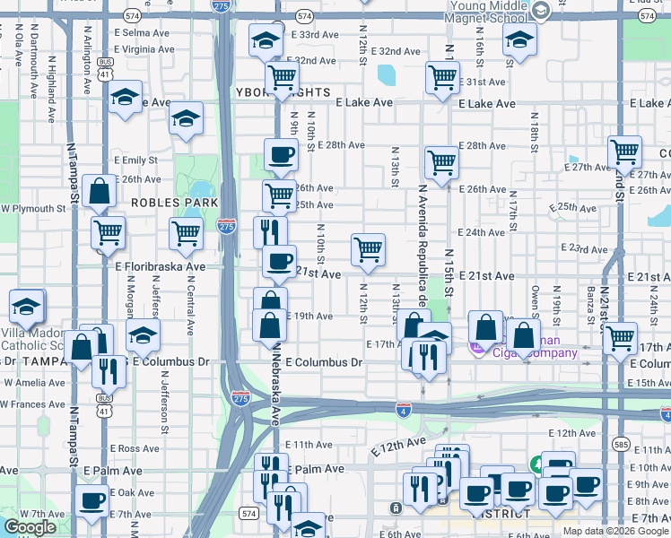 map of restaurants, bars, coffee shops, grocery stores, and more near 2922 North 10th Street in Tampa