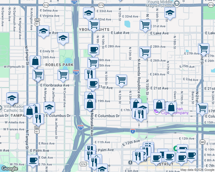 map of restaurants, bars, coffee shops, grocery stores, and more near 2922 North 10th Street in Tampa
