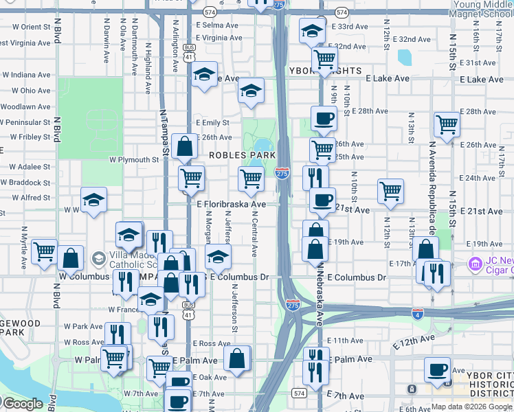 map of restaurants, bars, coffee shops, grocery stores, and more near 2911 North Central Avenue in Tampa