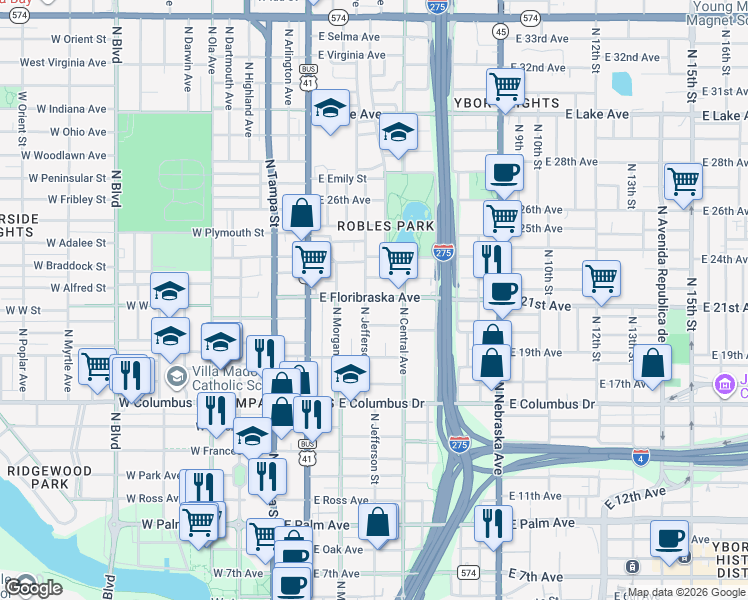 map of restaurants, bars, coffee shops, grocery stores, and more near 2909 North Jefferson Street in Tampa