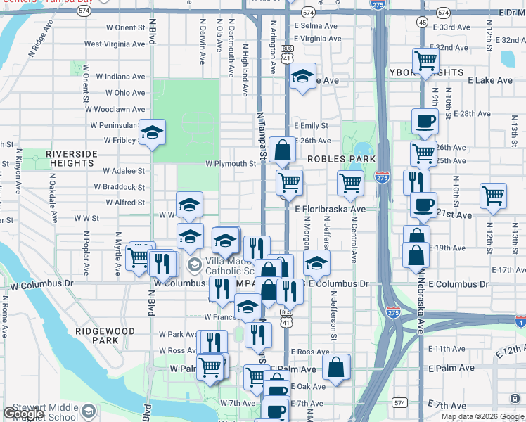 map of restaurants, bars, coffee shops, grocery stores, and more near 2926 North Tampa Street in Tampa