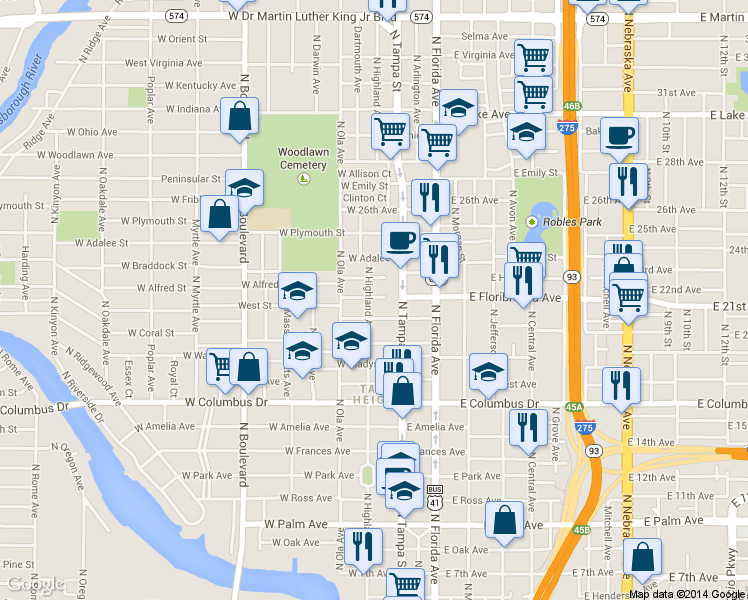 map of restaurants, bars, coffee shops, grocery stores, and more near 2912 North Highland Avenue in Tampa