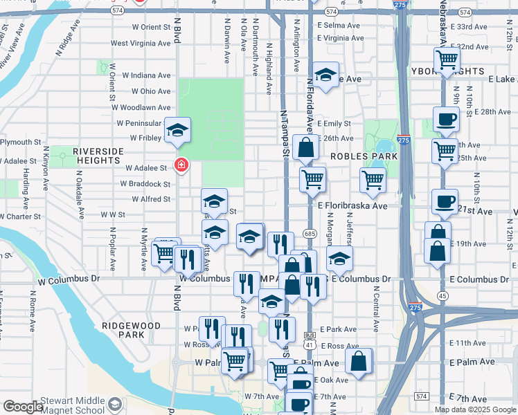 map of restaurants, bars, coffee shops, grocery stores, and more near 2912 North Highland Avenue in Tampa