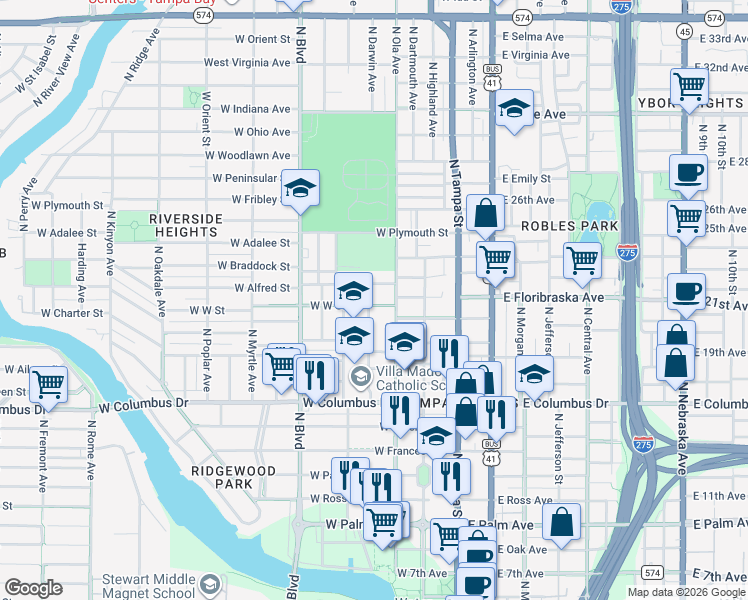 map of restaurants, bars, coffee shops, grocery stores, and more near 310 West West Street in Tampa