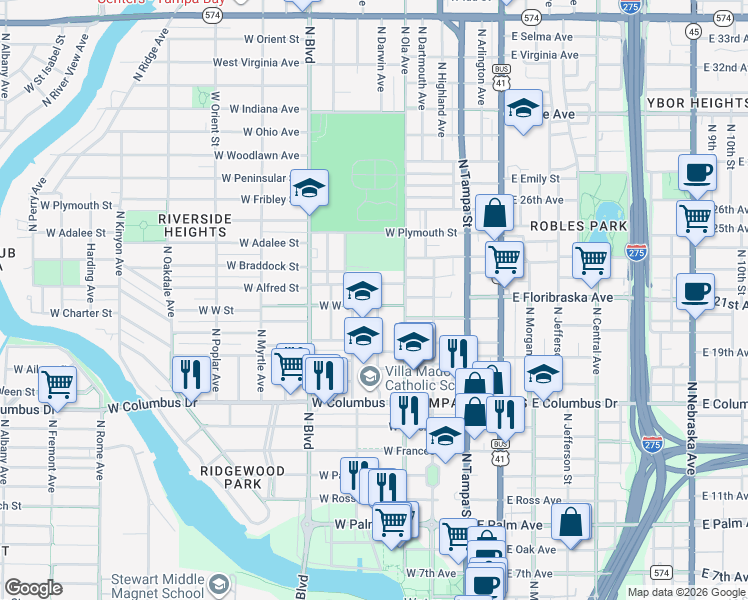 map of restaurants, bars, coffee shops, grocery stores, and more near 2915 North Massachusetts Avenue in Tampa