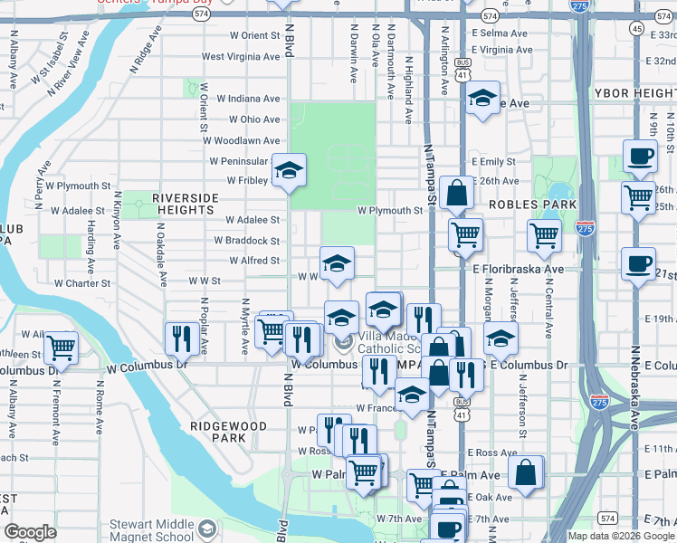map of restaurants, bars, coffee shops, grocery stores, and more near 400-498 West West Street in Tampa