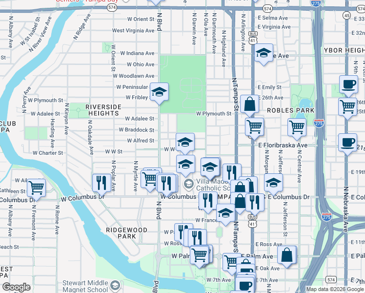 map of restaurants, bars, coffee shops, grocery stores, and more near 2915 North Massachusetts Avenue in Tampa