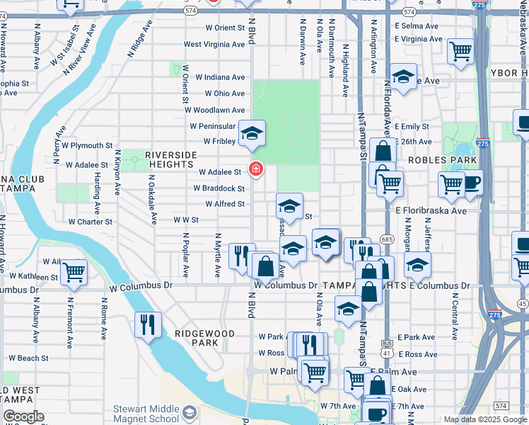map of restaurants, bars, coffee shops, grocery stores, and more near 2918 North Woodrow Avenue in Tampa