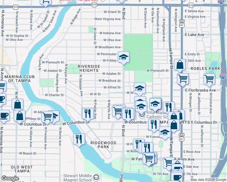 map of restaurants, bars, coffee shops, grocery stores, and more near 708 West West Street in Tampa