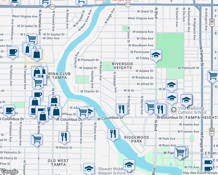 map of restaurants, bars, coffee shops, grocery stores, and more near 1009 West Coral Street in Tampa
