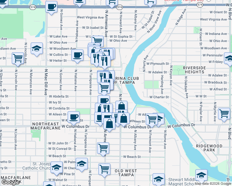 map of restaurants, bars, coffee shops, grocery stores, and more near 2309 West Abdella Street in Tampa