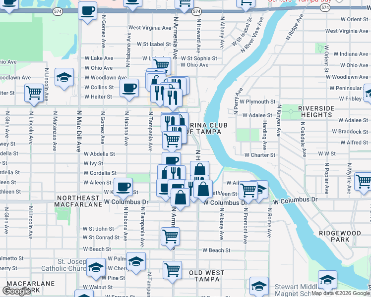 map of restaurants, bars, coffee shops, grocery stores, and more near 2309 West Abdella Street in Tampa