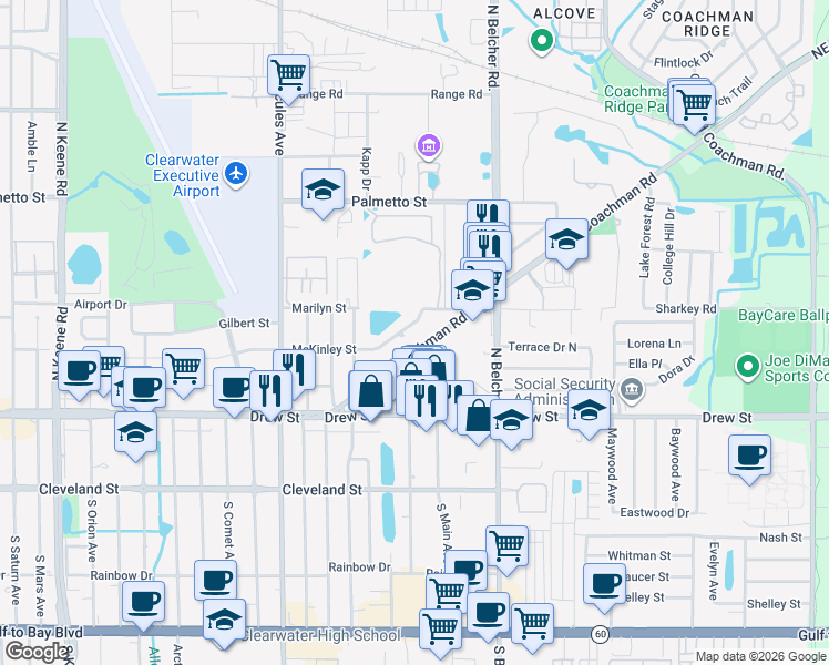 map of restaurants, bars, coffee shops, grocery stores, and more near 2152 Northeast Coachman Road in Clearwater