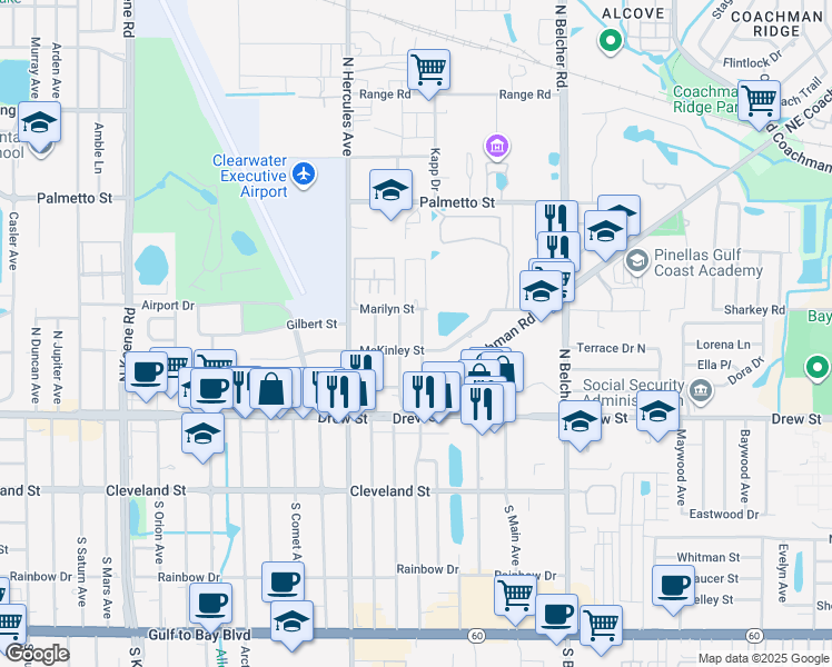 map of restaurants, bars, coffee shops, grocery stores, and more near 404 Graham Drive in Clearwater