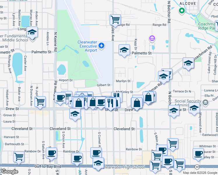 map of restaurants, bars, coffee shops, grocery stores, and more near 1966 McKinley Street in Clearwater