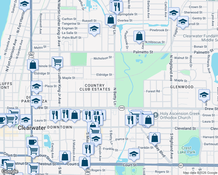 map of restaurants, bars, coffee shops, grocery stores, and more near 1256 Jackson Road in Clearwater