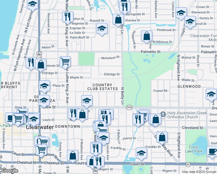 map of restaurants, bars, coffee shops, grocery stores, and more near 1256 Jackson Road in Clearwater