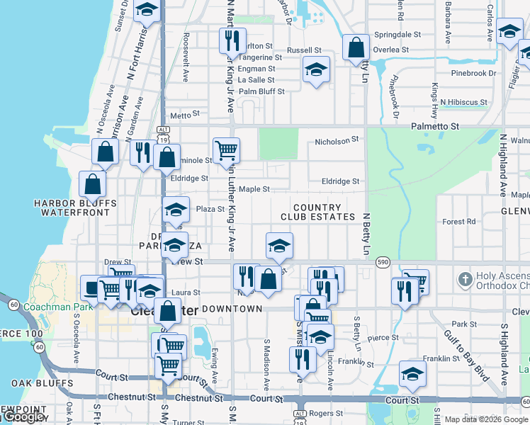 map of restaurants, bars, coffee shops, grocery stores, and more near 404 North Madison Avenue in Clearwater