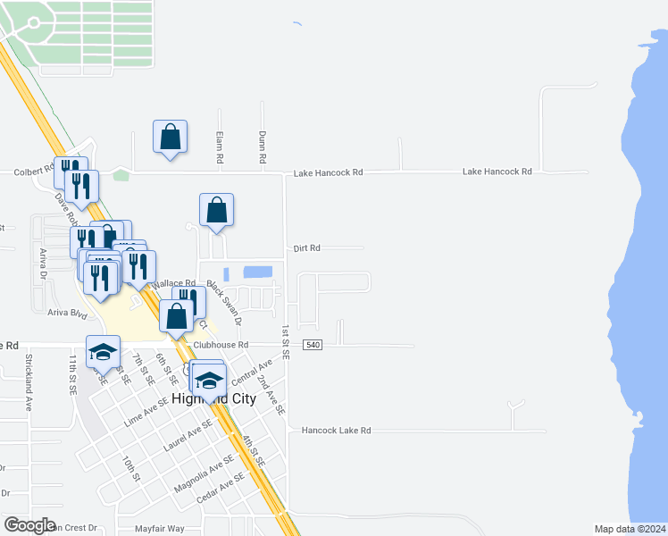 map of restaurants, bars, coffee shops, grocery stores, and more near 4588 Great Blue Heron Drive in Lakeland