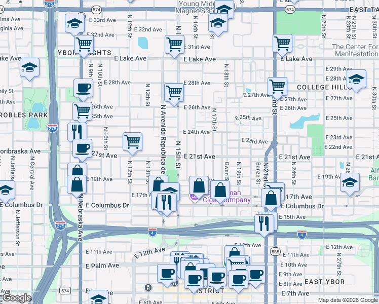 map of restaurants, bars, coffee shops, grocery stores, and more near 3000 North 16th Street in Tampa