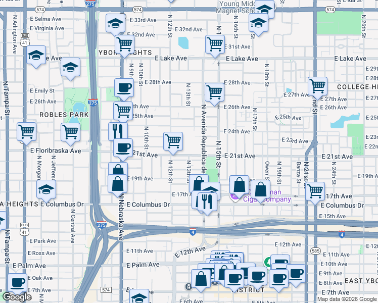map of restaurants, bars, coffee shops, grocery stores, and more near 1302 East 21st Avenue in Tampa