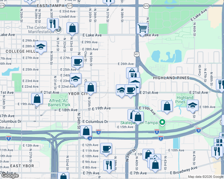 map of restaurants, bars, coffee shops, grocery stores, and more near 3702 East 21st Avenue in Tampa