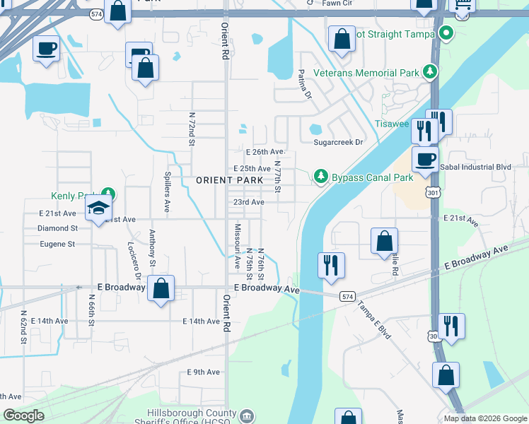 map of restaurants, bars, coffee shops, grocery stores, and more near 3007 North 76th Street in Tampa