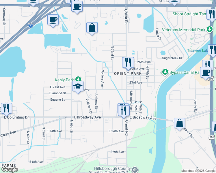 map of restaurants, bars, coffee shops, grocery stores, and more near 7202 East 21st Avenue in Tampa
