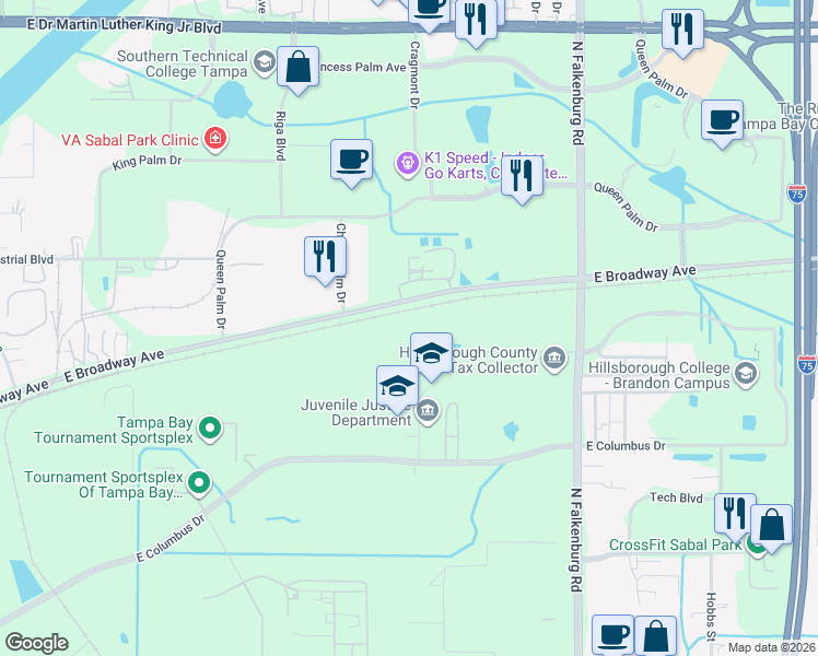 map of restaurants, bars, coffee shops, grocery stores, and more near 574 North Falkenburg Road in Tampa
