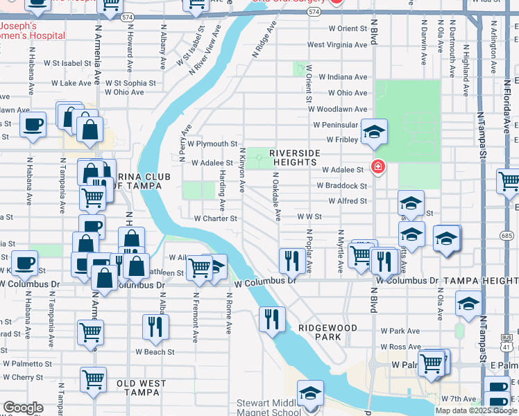 map of restaurants, bars, coffee shops, grocery stores, and more near 1009 West Coral Street in Tampa