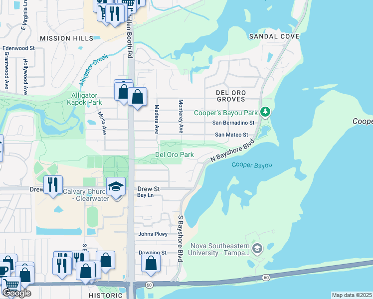 map of restaurants, bars, coffee shops, grocery stores, and more near 380 North Bayshore Boulevard in Clearwater