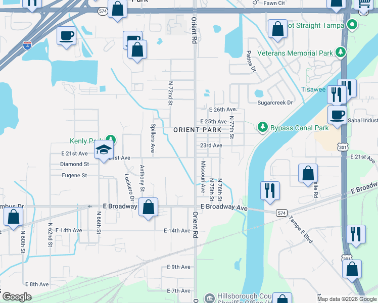 map of restaurants, bars, coffee shops, grocery stores, and more near 7218 East 21st Avenue in Tampa