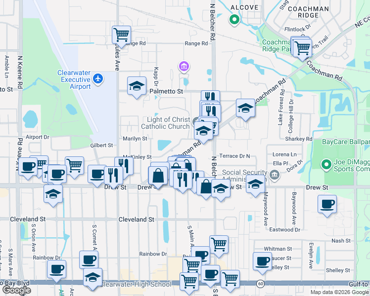map of restaurants, bars, coffee shops, grocery stores, and more near 2152 Northeast Coachman Road in Clearwater