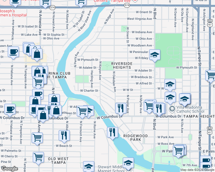 map of restaurants, bars, coffee shops, grocery stores, and more near 1009 West Coral Street in Tampa